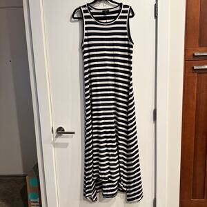 J. Crew Hi-Low Maxi Dress Navy Blue White Striped Crew Neck Sleeveless Sz M